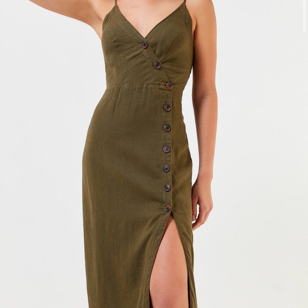UO Amber button-down linen midi dress olive green